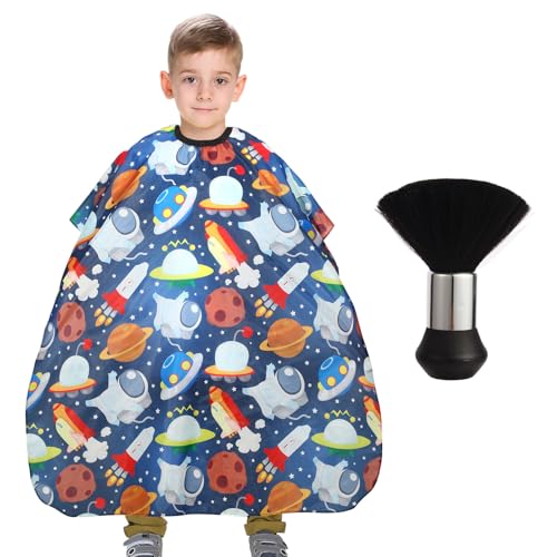 Kids Barber Cape with Neck Duster Brush - Cartoon Space, Adjustable Snap Closure