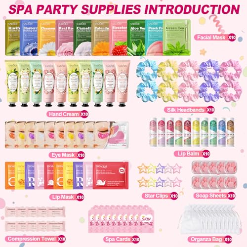 110 PCS Spa Party Supplies for Girls, Includes Face Masks, Hand Cream, Lip Balm, Eye Patches, Lip Mask & Soap Sheets, Ideal Bulk Sleepover & Birthday Party Favors for Women & Girls