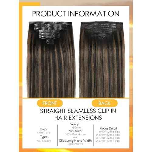 Caliee Yaki Straight Human Hair Clip in Extensions Black Woman Natural Black Mixed Chestnut Brown Yaki Seamless Hair Extensions Clip in Balayage 8 Pcs PU Weft 115G 18 Inch