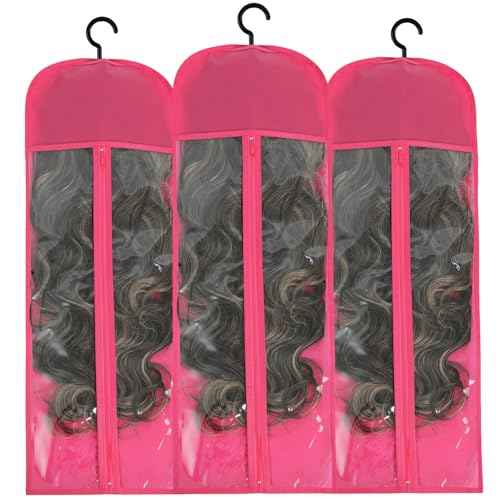 Hair Extension Holder 3Pcs Wig Storage Bags with Hanger, Wig Holder Wig Storage for Multiple Wigs, Breathable Dust-proof Extra Long Wig Bags for Hair Extensions & Accessories (Hot Pink)