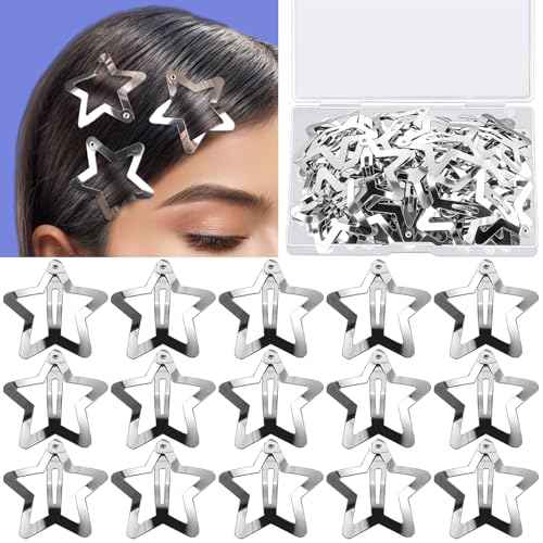 YGDZ 30 PCS 1.61" Star Hair Clips, Y2K Hair Accessories, Silver Clips for Girls Women, Rave Accessories, Non Slip Barrettes, Metal Snap Hair Clips