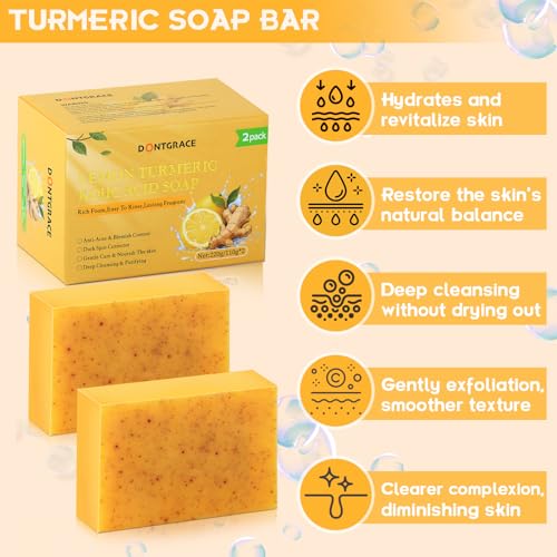 Kojic Acid Soap,Lemon Turmeric Soap Bar with Vitamin C for Face and Body Handmade 2pc