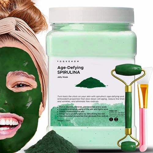 Jelly Face Mask for Facials - Spirulina Hydrating, Brightening & Nourishing Jelly Mask with Free Jade Roller & Spatula | Professional Hydrojelly Masks | Vajacial Jelly Mask Powder | 23 Oz Jar