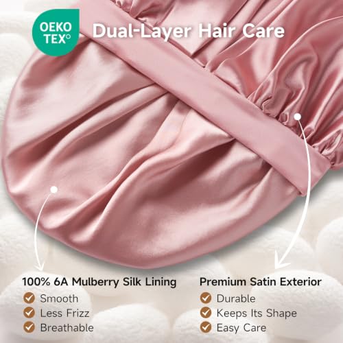 22 Momme Mulberry Silk Sleep Bonnet for Curly Hair - Pink