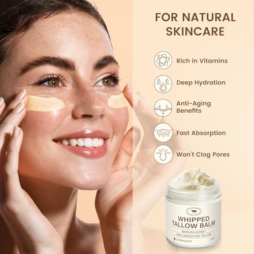 Beef Tallow Honey Balm for Skin: 100% Grass-Fed Beef Tallow Moisturizer For Face and Body - Organic Moisturizer Cream with Olive Oil Manuka Honey for Eczema and Dry Skin 2OZ