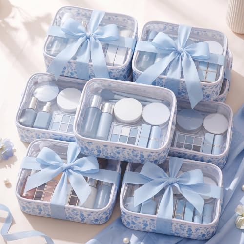 9 Pcs Blue Floral Makeup Bag Set - Waterproof Travel Cosmetic Organizer