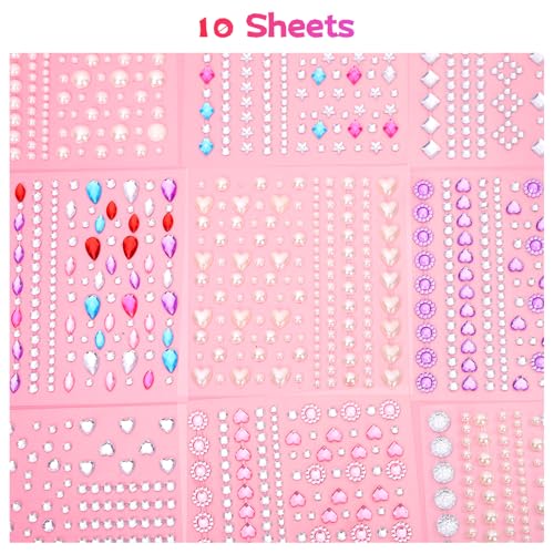 10 Sheets Face Gems Jewels for Makeup Self Adhesive Rhinestones Gems Stickers for Face Nail Eyes Decor Bling Stick on Jewels for Christmas DIY Craft, Card Decorations