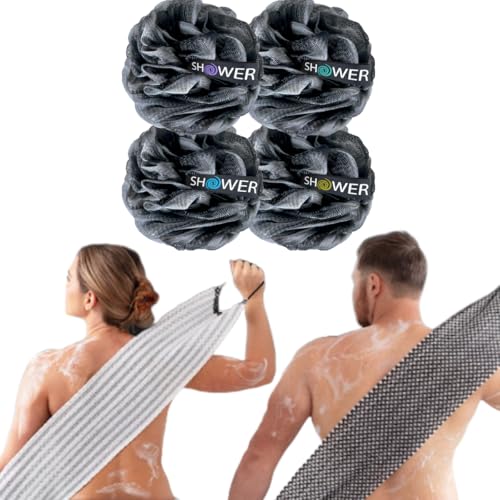 SHOWER BOUQUET Charcoal-Loofah XL 4-Pack & Japanese-Exfoliating-Washcloth 2-Pack for Back & Body // 4 Extra Large Bath Sponges Plus Silver Ion Infused Exfoliating Towel with Handles, 2 Charcoal White