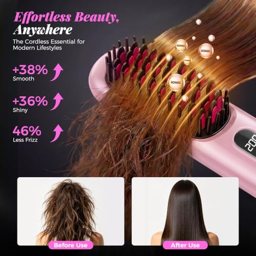 Cordless Hair Straightener Brush with 4 Heat Settings - Pink