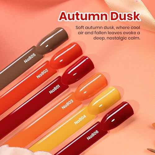Beetles Orange Gel Nail Polish Set 6 Colors Burgundy Brown Dark Red Yellow Light Orange Fall Gel Polish Kit Soak Off UV LED Hema Free DIY Home Salon Gift for Women Autumn Dusk