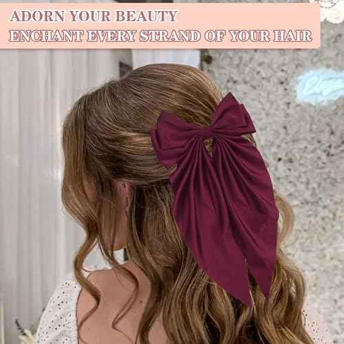 Hair Bows Vintage Bow Clips Dark Red Ribbon Bows Barrettes Large Bowknot Clip Satin Bowknot French Barrette Long Tail Cute Bow Hair Accessories For Girls Women