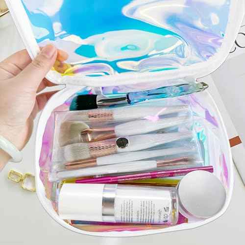 TPU Holographic Clear Makeup Bags Bulk,Clear Storage Bag Toiletry Pocket Portable Zippered Iridescent Pouch Waterproof Cosmetic travel Bags with white zipppe for Women