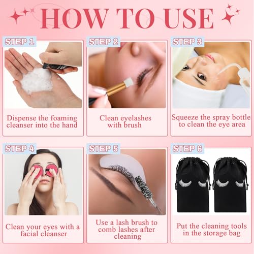 60 Pcs Lash Shampoo Brushes Set 10 Lash Shampoo Brushes 10 Mascara Tubes and Wands 10 Foam Pump Bottle 10 Rinse Bottles 10 Makeup Remover Pad 10 Aftercare Drawstring Bag(Black,10 Pcs)