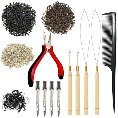 Hair Extension Tools Kit, 3 Colors 600pcs Micro Silicone Rings Beads Hair Extensions Kit Hair Pliers Micro Pulling Hook Needle Loop Threader and 600pcs Micro Silicone Links(Black,Brown,Blonde)