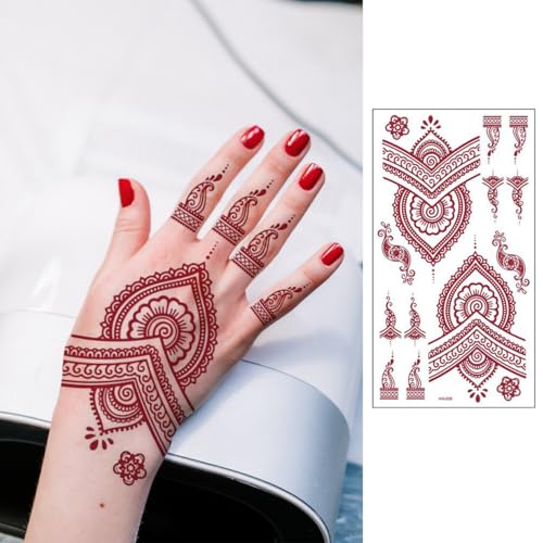 Brown Temporary Tattoo Stickers, 9 Sheets Red Brown Waterproof Tattoo Stickers for Women Wedding Party Festival Lotus Mandala Flower Temporary Tattoos