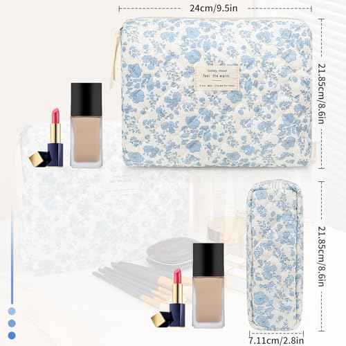 2PC Makeup Bag Set, Cute Cosmetic Bag for Women Girls, Floral Coquette Aesthetic Toiletry Bag, Travel Make Up Organizer Bag (Blue Floral)