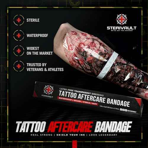 Tattoo Aftercare Bandage - 12" Wide x 3 yd - Veteran Owned - Waterproof Bandages - Tattoo Wrap - Tattoo Second Skin Cover - Large Tattoo Cover