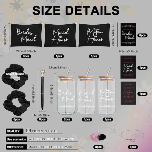 56 pcs Bridesmaid gifts bridesmaid proposal gifts, Maid of Honor Gifts contain 16oz Glass Cups Cosmetic Makeup Bags Invited Cards Scrunchies Hair Knotted Bracelets Diamond Pens love clip (Black)