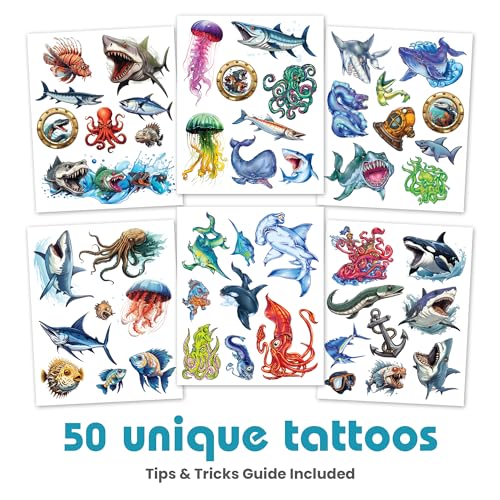 Sea Creature Temporary Tattoos for Kids - 50 Pack
