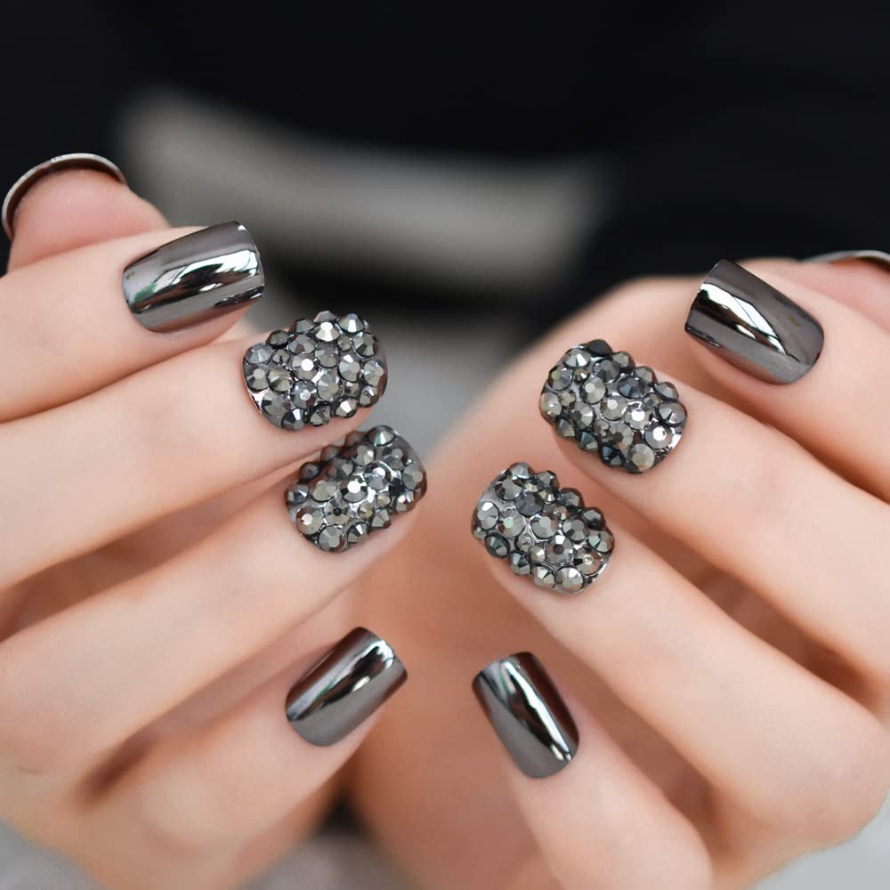 ELEVENAIL 3D Rhinestones Press On Nails Punk Dark Smoky Gray Reflective Mirror Metallic Stick On Fake Nails Salon DIY Acrylic Manicure Reusable Short Square False Acrylic Nail Art Tips