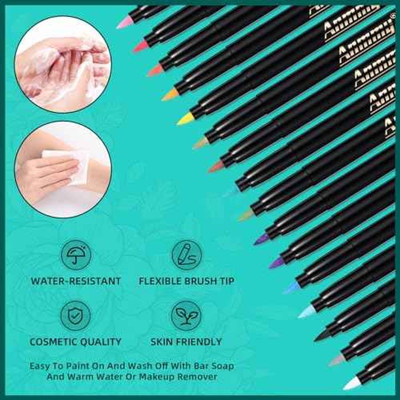 Temporary Tattoo Markers for Skin, 16-Count Body Markers+77 Large Tattoo Stencils of Assorted Colors for kids and Adults, Flexible Brush Tip, Bright colors, Skin-Safe*, Cosmetic-Grade.