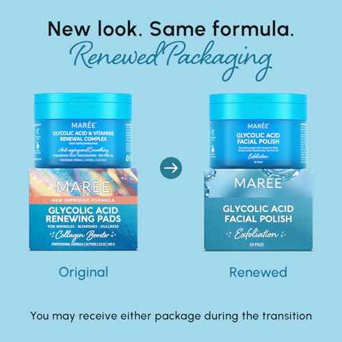 MAREE Glycolic Acid Pads - Toner Pads for Face Cleansing - Exfoliating Pad with Tea Tree Oil, Salicylic Acid & Vitamins E, B3, B5 - Acne Clearing, Skin Pore Resurfacing & Radiance Device - 50 Count