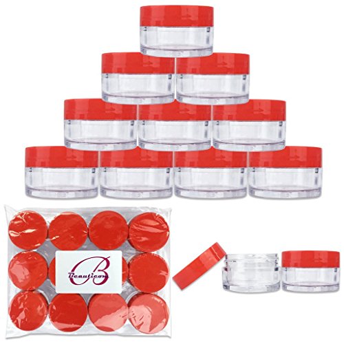 Beauticom 20 gram/20ml Empty Clear Small Round Travel Container Jar Pots with Lids for Make Up Powder, Eyeshadow Pigments, Lotion, Creams, Lip Balm, Lip Gloss, Samples (12 Pieces, Red)