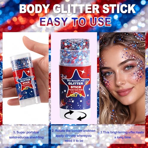 Patriotic Red White Blue Glitter Stick | Waterproof Face Body Makeup