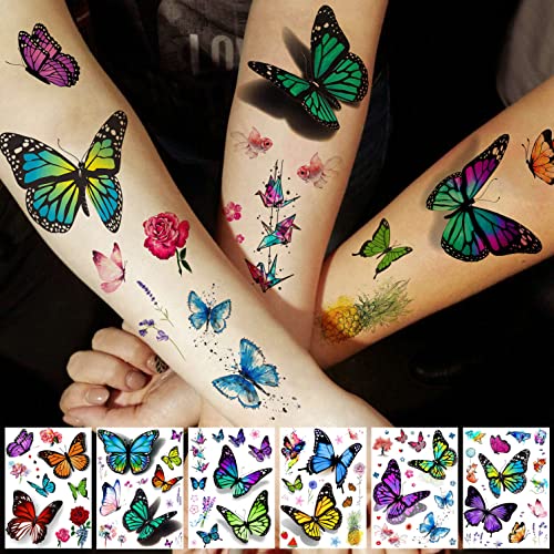 EGMBGM 52 Sheets Tiny Small Temporary Tattoos For Kids Boys Girls, Tribal Animals Butterfly Anchor Compass Tattoo Stickers For Men Women, 3D Cute Flower Fake Face Tatoo Kits Sets For Neck Arm Hands