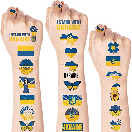 WANSENCE Ukraine Temporary Tattoos - 8 Sheets, Patriotic Designs, Blue & Yellow, Not Water Resistant, Adults