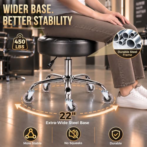 Heavy Duty Adjustable Rolling Stool with 450lb Capacity, Cushioned Seat