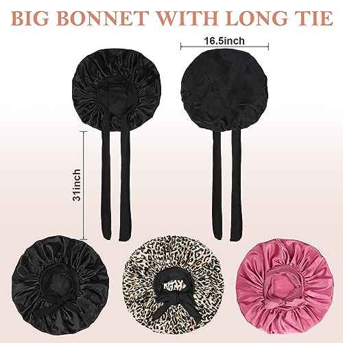 3Pcs Silk Bonnet for Sleeping, Satin Hair Bonnets for Black Curly Hair Women Jumbo Bonnet with Tie Band Braids (Black Leopard Rose-pink)