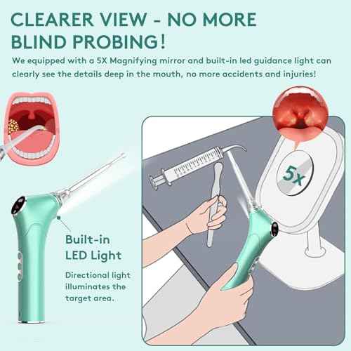 Electronic Vacuum Tonsil Stone Removal Kit - Tonsil Stone Remover with Built-in LED Light 3 Suction Mode - Fight Bad Breath Oral Irrigator 5X Magnifying Mirror for Stone Removal (Green)