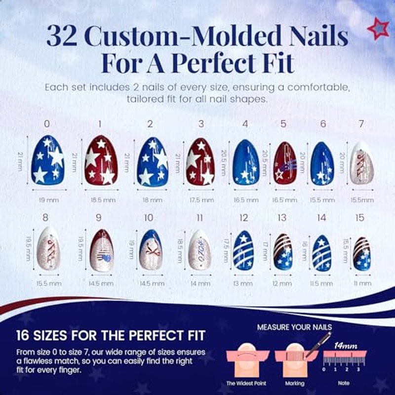 4th of July Press On Nails Red White Blue Almond 32pc