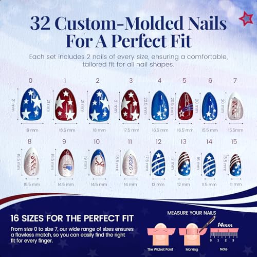 4th of July Press On Nails Red White Blue Almond 32pc