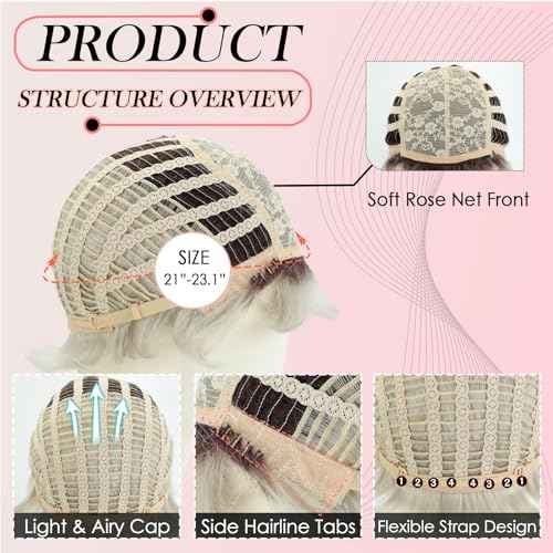 WIGYY Silver Grey Pixie Cut Wig for White Women, Short Curly Synthetic Wig with Bangs, Upgraded Glueless Cap, Heat-Resistant Lightweight Wig for Older Women Daily Wear