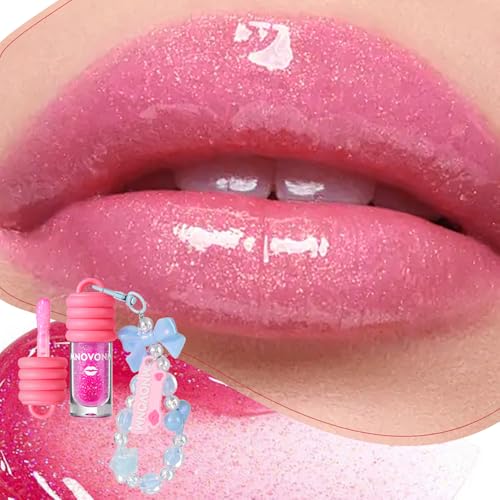 3 Colors Glimmer Tinted Lip Gloss Set, Shimmer Glossy Moisturizing Liquid Lipstick, Lip Make-Up for Girls and Women Party Gift With Bowknot Keychain Design