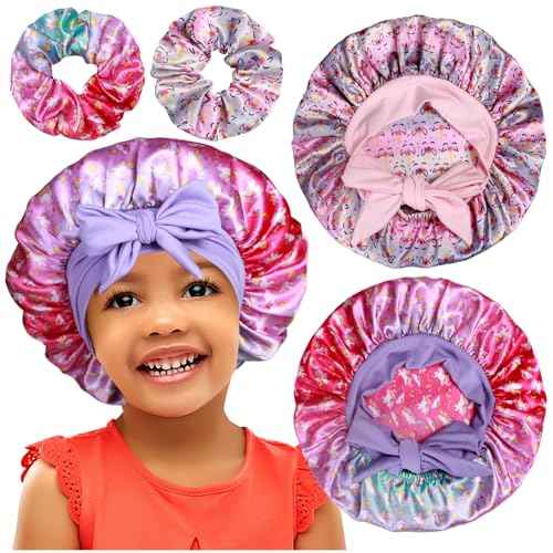 2+2 Satin Bonnets with Scrunchies for Kids, Cute Hair Bonnets for Girls Sleeping Curly Hair, G