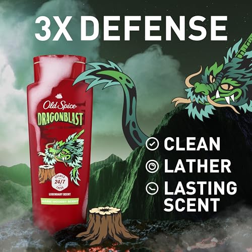 Old Spice Cleansing Body Wash for Men, 3X Defense, 24/7 Shower Fresh with Lasting Scent, 2-in-1 Body & Face Wash, Dragonblast Scent, 24 oz (Pack of 4)