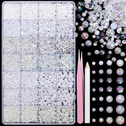 22000 Pcs White Flatback Pearls and Rhinestones for Crafting, Resin Rhinestones Gems Pearls for Bedazzling, Mixed Size 3-6mm Half Pearl Gems for Nails Face Eyes Makeup Bottles Shoes DIY Crafts