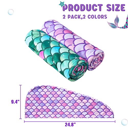 WAWSAM 2 Pack Kids Hair Drying Towels Girls Unicorn Wet Hair Towel Quick Dry Twisty Hair Towels (Green + Purple Mermaid)