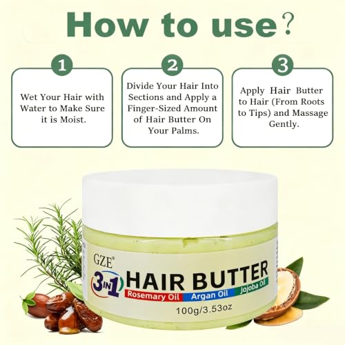 GZE 3-in-1 Hair Butter with Rosemary, Argan & Jojoba Oil for Curly, Damaged & Dry Hair