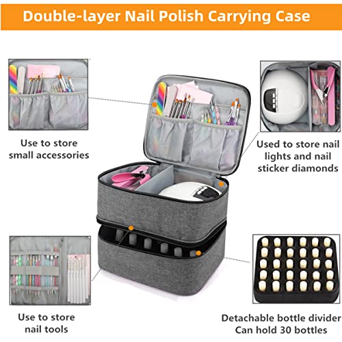 Suaetiai Double-layer Nail Polish Carrying Case and Nail Dryer Case, Travel Nail Polish Case Holds 30 Bottles (15ml) and 1 Led Nail Lamp, Portable Nail Polish Holder with Adjustable Divider (Gray)