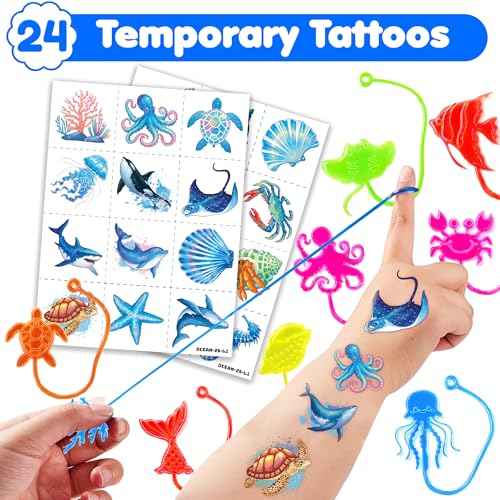 48PCS Ocean Party Favors - 24PCS Temporary Tattoos & 24PCS Stick Hands Party - Perfect Birthday Party Supplies, Goodie Bag Stuffers, Treasure Box Toys, Classroom Prizes, and Student Gifts