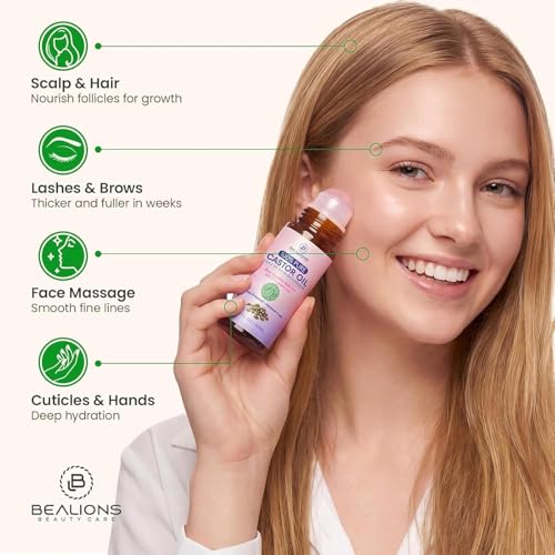 Bealions Castor Oil Rose Quartz Roller Ball 1.7 Fl Oz for Skin & Lash Care