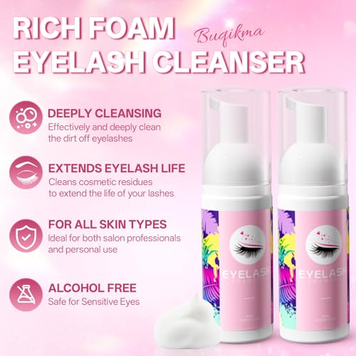 Buqikma Lash Cleaning Kit with Fan Dryer, 2PCS Lash Shampoo for Extensions Includes Rinse Bottle and Cleaning Brushes for Lashes Extension Cleaner at Salon & Home DIY Use for Valentine's Day