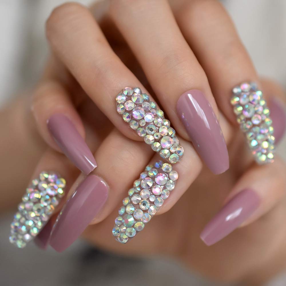 CoolNail Glossy Pinkish Purple Press on False Nails 3D AB Gems Extra Long Ballerina Coffin UV Gel Fake Fingersnails Extention Tool