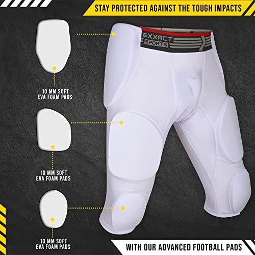 Exxact Sports Battle 7-Pad Football Girdle for Men & Boys - Finest Padded Compression Shorts, Mens Girdle Football with Cup Pocket, Adult & Youth Football Girdle (White, YXL)