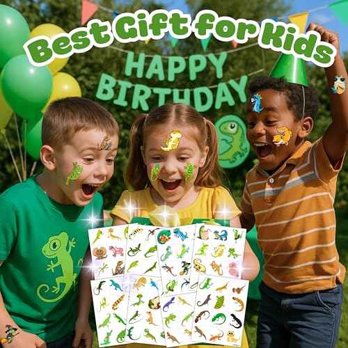 96PCS Lizard Pre-Cut Temporary Tattoos Themed Birthday Party Supplies Favors Decorations Cute Reptile Swamp Safari Animal Stickers Funny for Kids Girls Boys Teens School Classroom Rewards Gifts Ideal