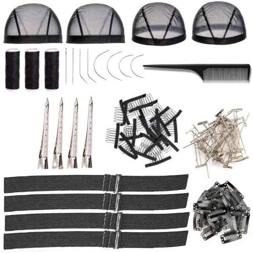 Wig Caps for Women 112 Pieces Wig Installation Kit Stretchable Mesh Dome Caps Wig Making Kit Accessory Thread with Needle Wig Combs Metal Hair Clips Adjustable Elastic Bands Wig Straps Wig Install Kit